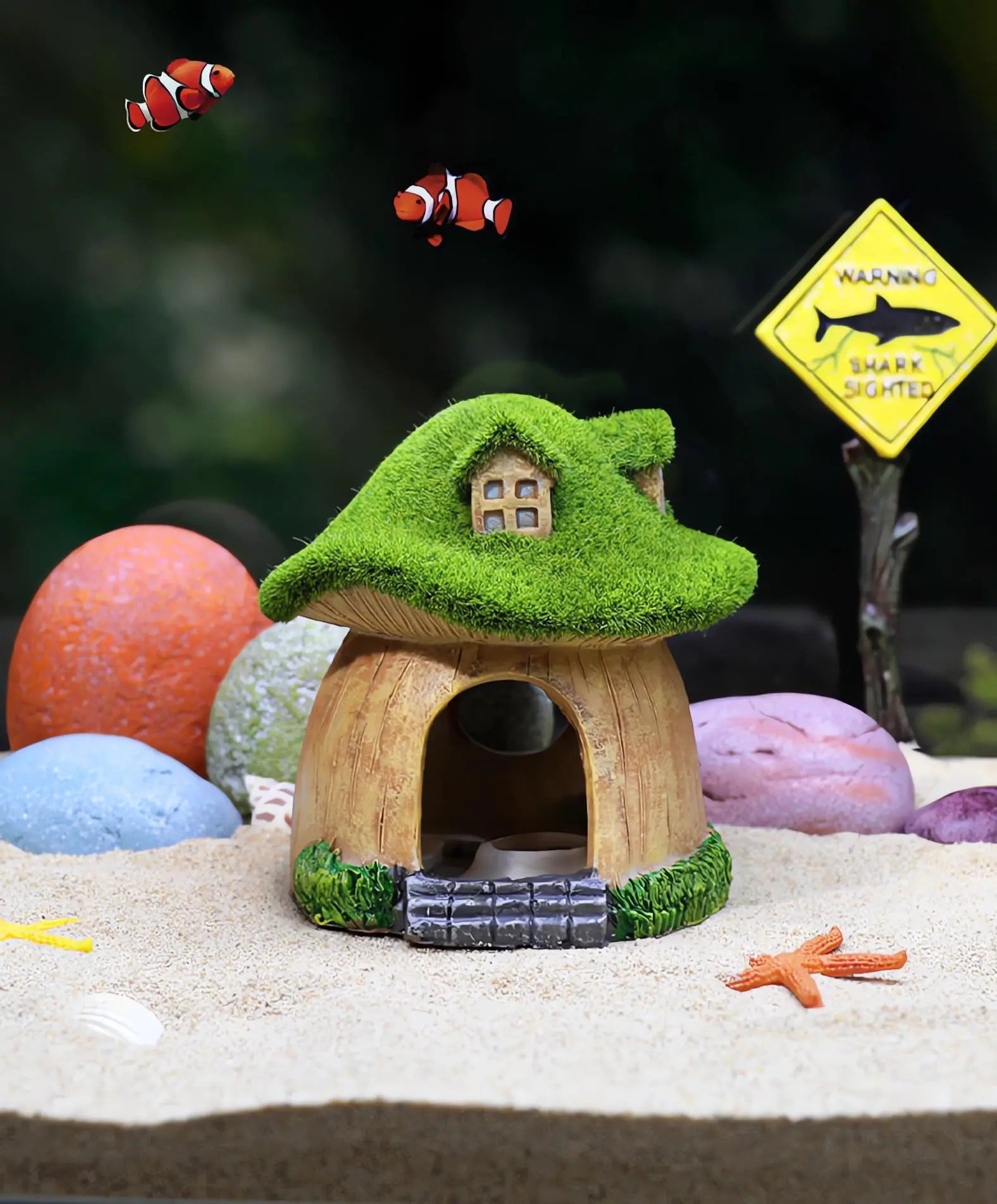 Fish House for Aquarium with Lifelike Moss Mushroom