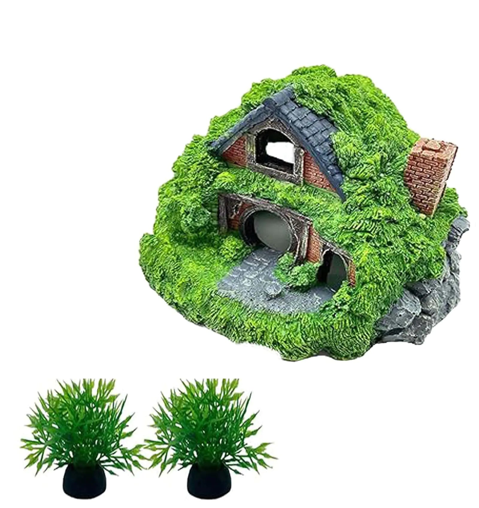 HASANBAY Aquarium Decor Resin Hobbit House Hideout Cave Hollow Hole Shelter Fish Tank Hut Ornaments Mini Garden Landscaping Fish Tank Accessories for Betta
