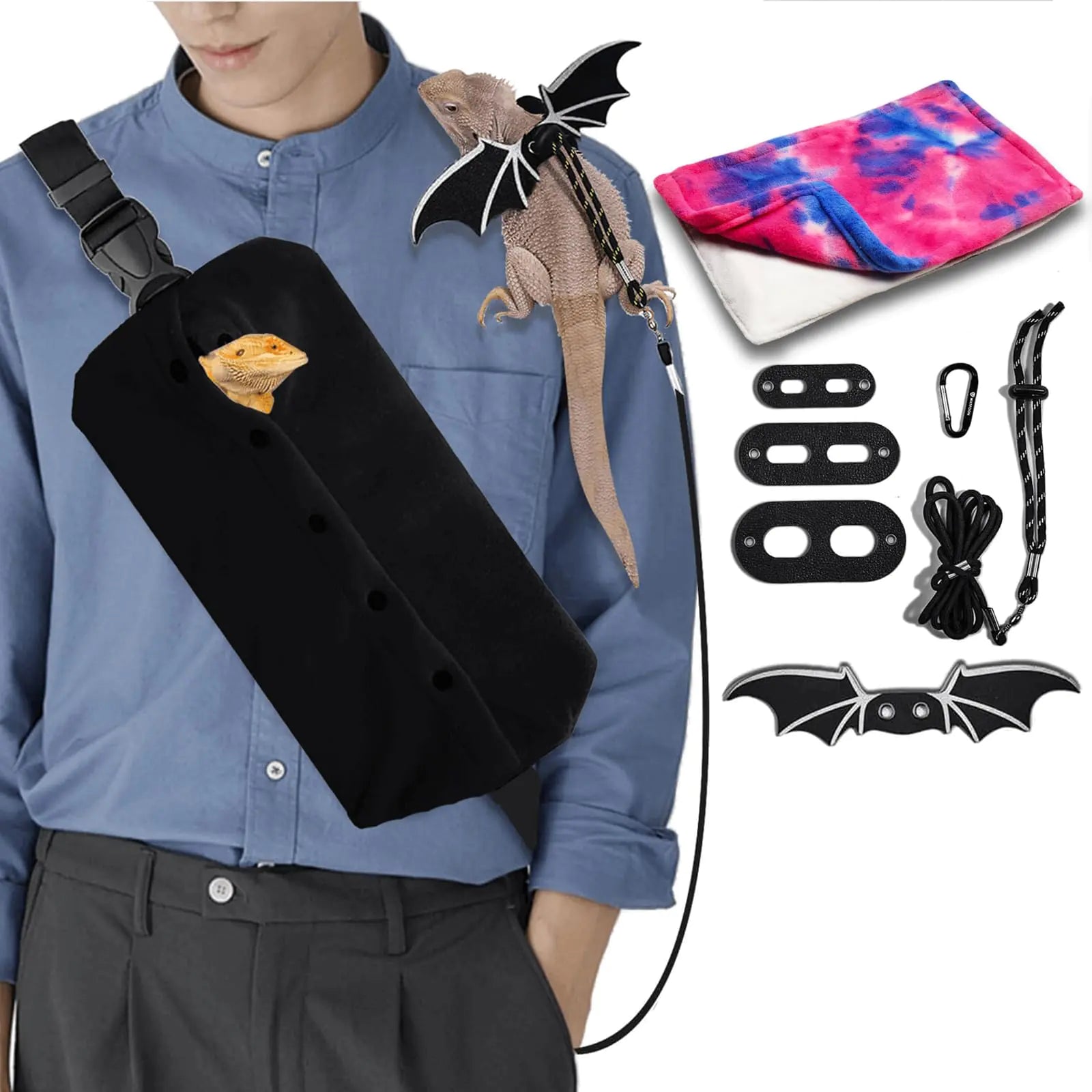 Lizards Snuggle Sling Carrier Bag with Bearded Dragon Leash Small Animal Bed Pack